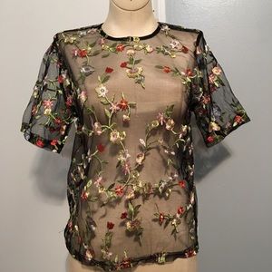 Black sheer embroidery floral Top/ NWOT